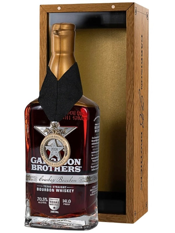 Garrison Brothers Cowboy Bourbon Whiskey 2026 bottle in wooden display box