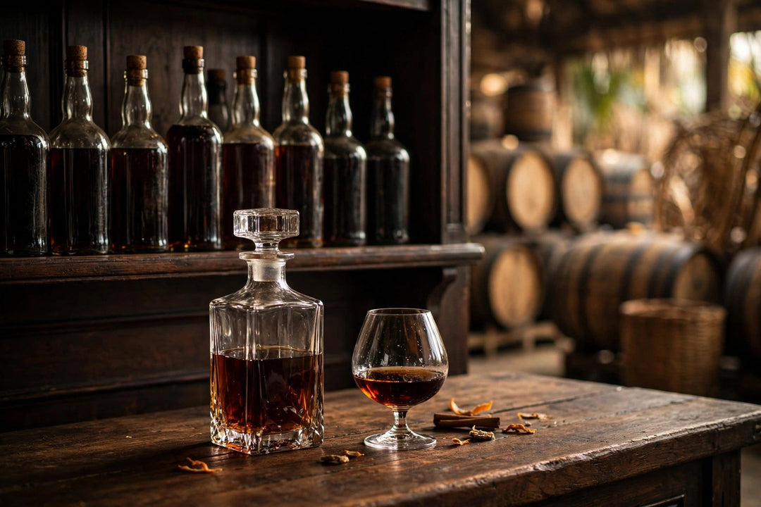 A top shelf of aged rum bottles with a crystal decanter and a snifter of dark rum