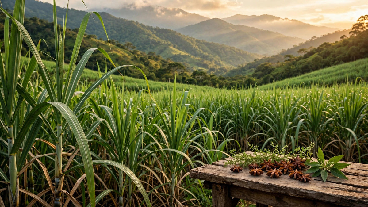 Colombian sugarcane field at golden hour with star anise on a rustic table in the Antioquia mountains at Del Mesa Liquor