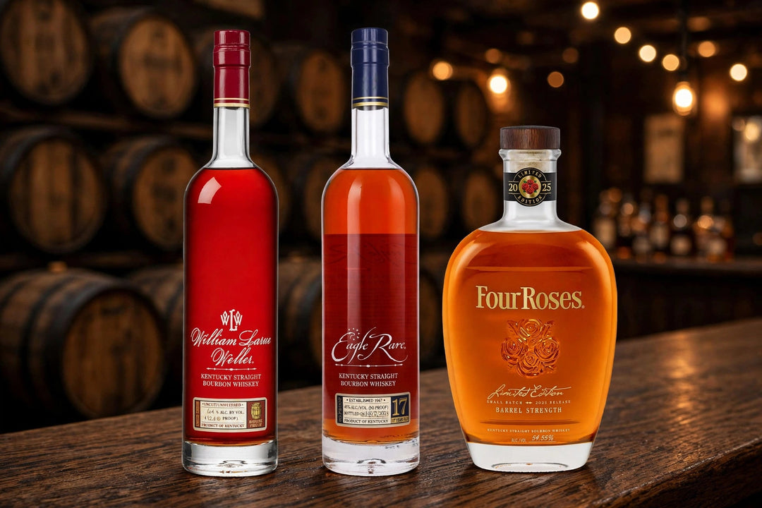 William Larue Weller 2025, Eagle Rare 17 Year Old and Four Roses Limited Edition 2025 allocated bourbon bottles with labels readable in a barrel warehouse at Del Mesa Liquor