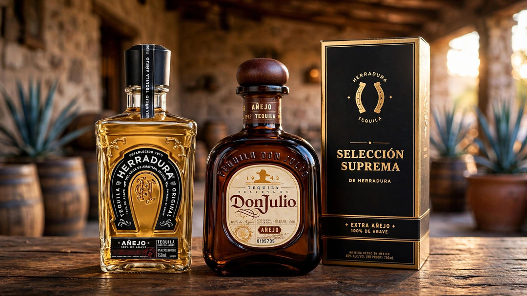 Herradura Anejo Tequila, Don Julio Anejo Tequila and Herradura Seleccion Suprema Extra Anejo Tequila on a wooden bar in a Jalisco hacienda with agave and oak barrels at Del Mesa Liquor