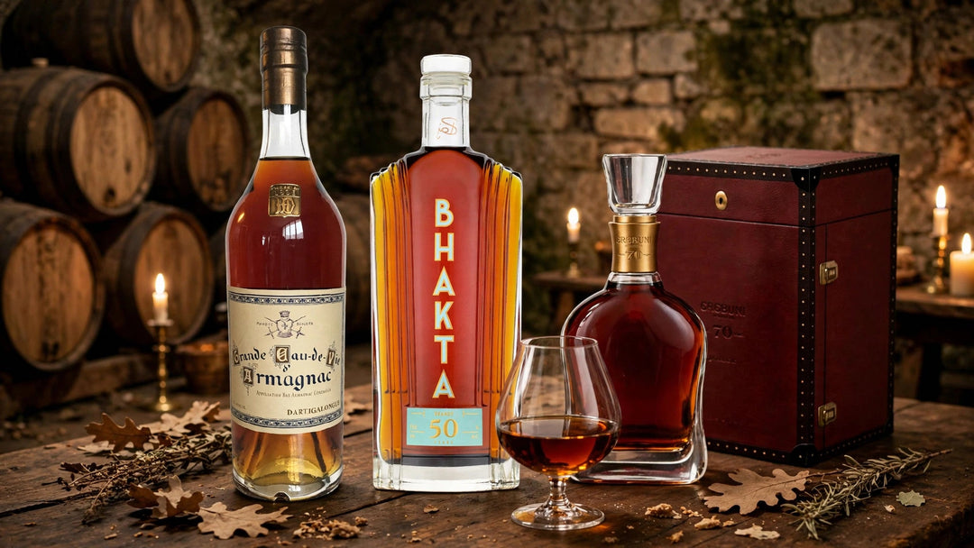 Dartigalongue Armagnac Grande Eau de Vie, Bhakta 50 Year Old Brandy and Ararat Erebuni 70 Year Old decanter with its presentation box in a Gascon cellar at Del Mesa Liquor