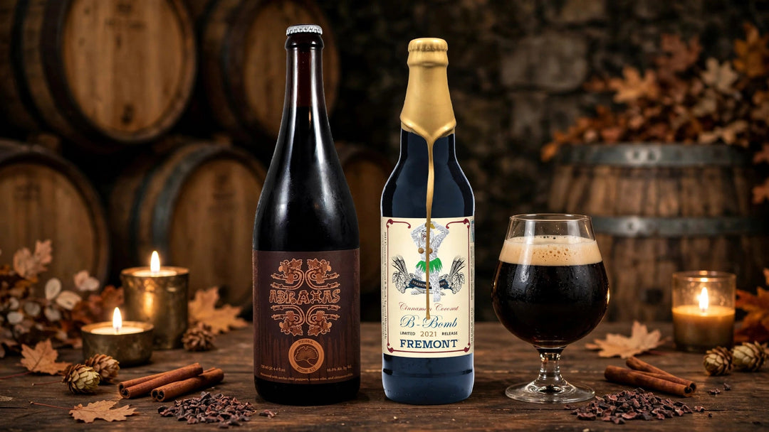 Perennial Abraxas Imperial Stout and Fremont Cinnamon Coconut B-Bomb 2021 in an autumn cellar with oak barrels and a snifter of dark stout at Del Mesa Liquor