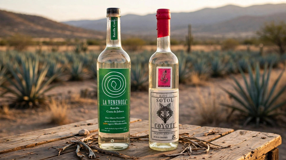 La Venenosa Raicilla Costa and Coyote Sotol Chihuahua bottles with labels readable on a desert table with agave fields at golden hour at Del Mesa Liquor