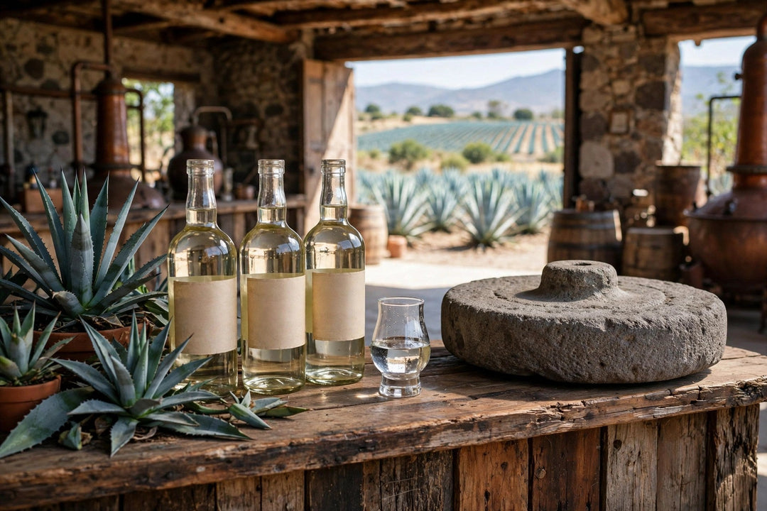 Blanco tequila bottles on a wooden bar with blue agave plants and a tahona stone wheel at a Jalisco distillery