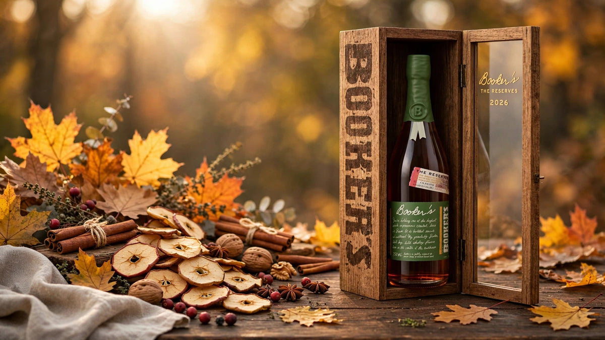 Booker's The Reserves 2026 rye whiskey bottle in its wooden case with cinnamon and dried apple