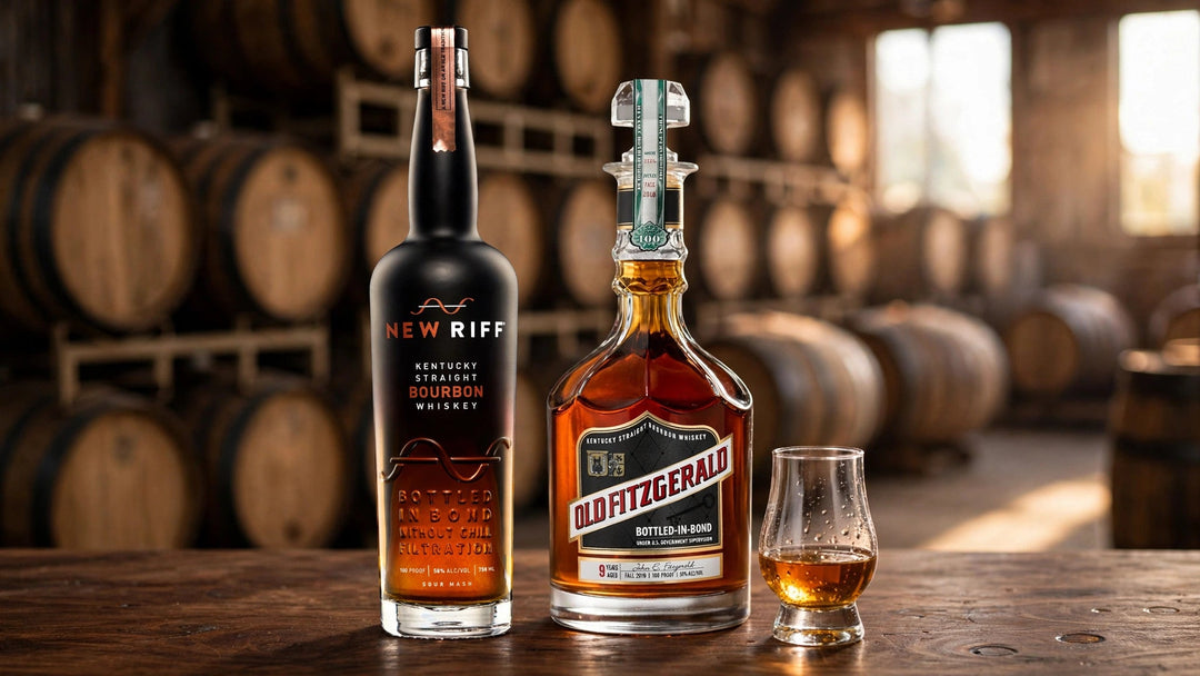 New Riff Bottled in Bond Bourbon Whiskey and Old Fitzgerald Bottled-In-Bond 9 Year Old decanter on a walnut bar in a Kentucky rickhouse at Del Mesa Liquor