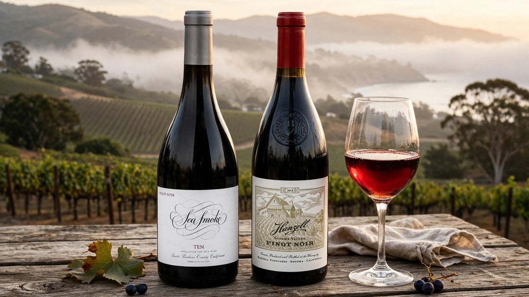 Sea Smoke Ten Pinot Noir and Hanzell Vineyards Pinot Noir 2014 on a wooden table overlooking misty coastal California vineyards at Del Mesa Liquor