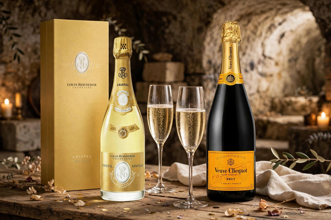 Louis Roederer Cristal 2014 with its gold box and Veuve Clicquot Brut Yellow Label bottles with champagne flutes in a chalk cellar at Del Mesa Liquor