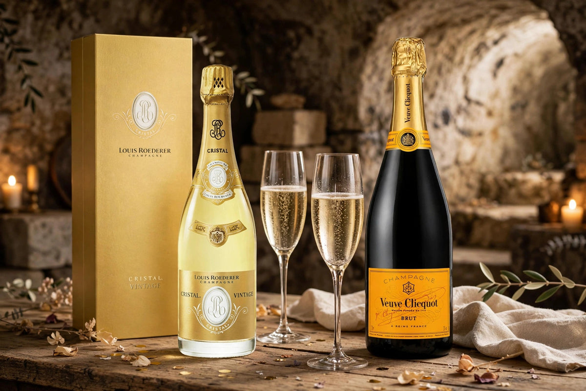 Louis Roederer Cristal 2014 with its gold box and Veuve Clicquot Brut Yellow Label bottles with champagne flutes in a chalk cellar at Del Mesa Liquor