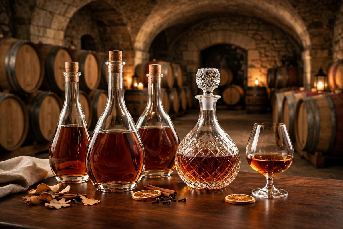 Elegant cognac bottles and a crystal decanter with a snifter on a mahogany table in a warm cellar