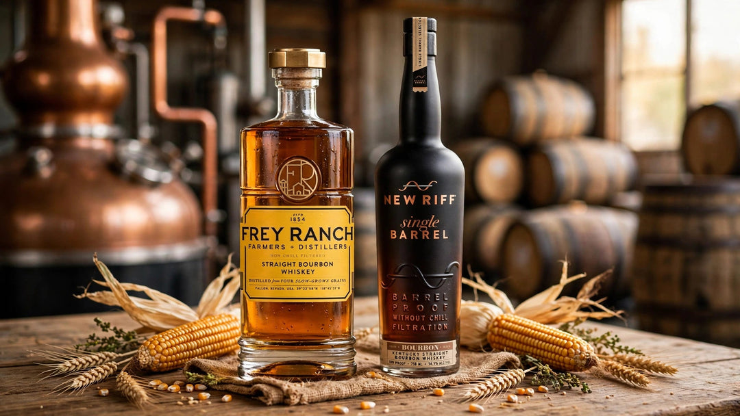 Frey Ranch Straight Bourbon Whiskey and New Riff Single Barrel Bourbon Whiskey bottles with labels readable in a craft distillery with copper stills and barrels at Del Mesa Liquor