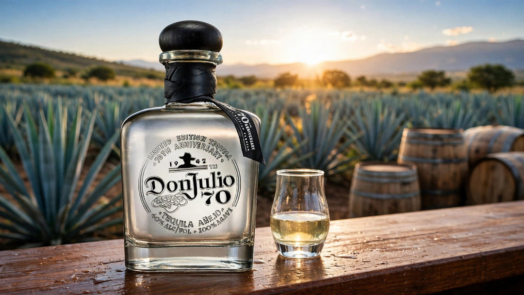 Don Julio 70 Anejo Claro cristalino tequila bottle with label readable in a Jalisco agave field at golden hour at Del Mesa Liquor