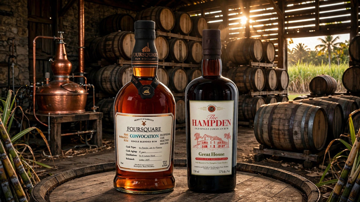 Foursquare Convocation Rum and Hampden Estate Great House Distillery Edition 2024 in a Caribbean rum barrel warehouse at Del Mesa Liquor