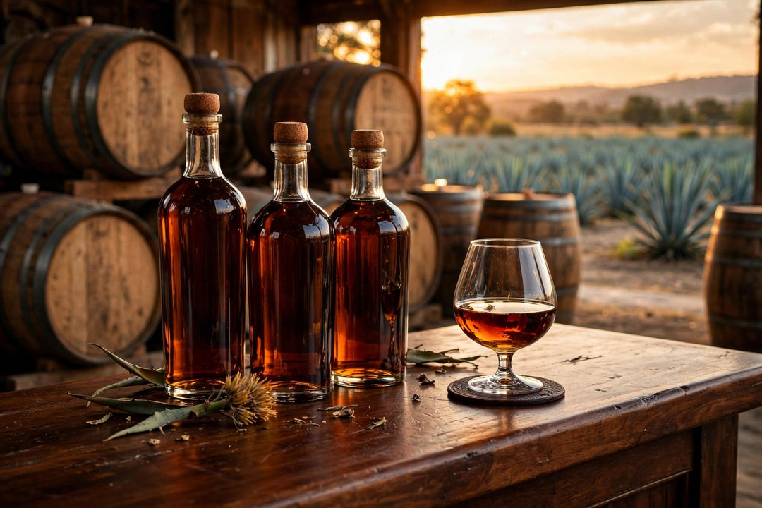 Dark amber extra anejo tequila bottles and a snifter on a polished bar with oak barrels behind