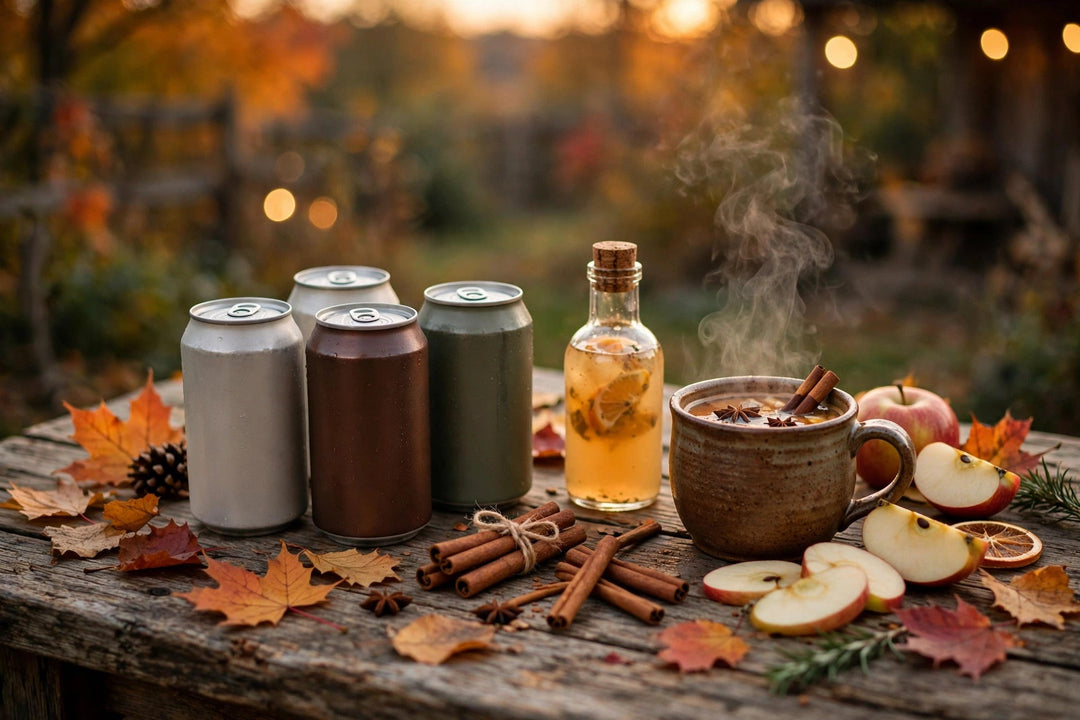 Canned cocktails and a steaming mug of warm spiced drink with cinnamon and apple on a rustic autumn table