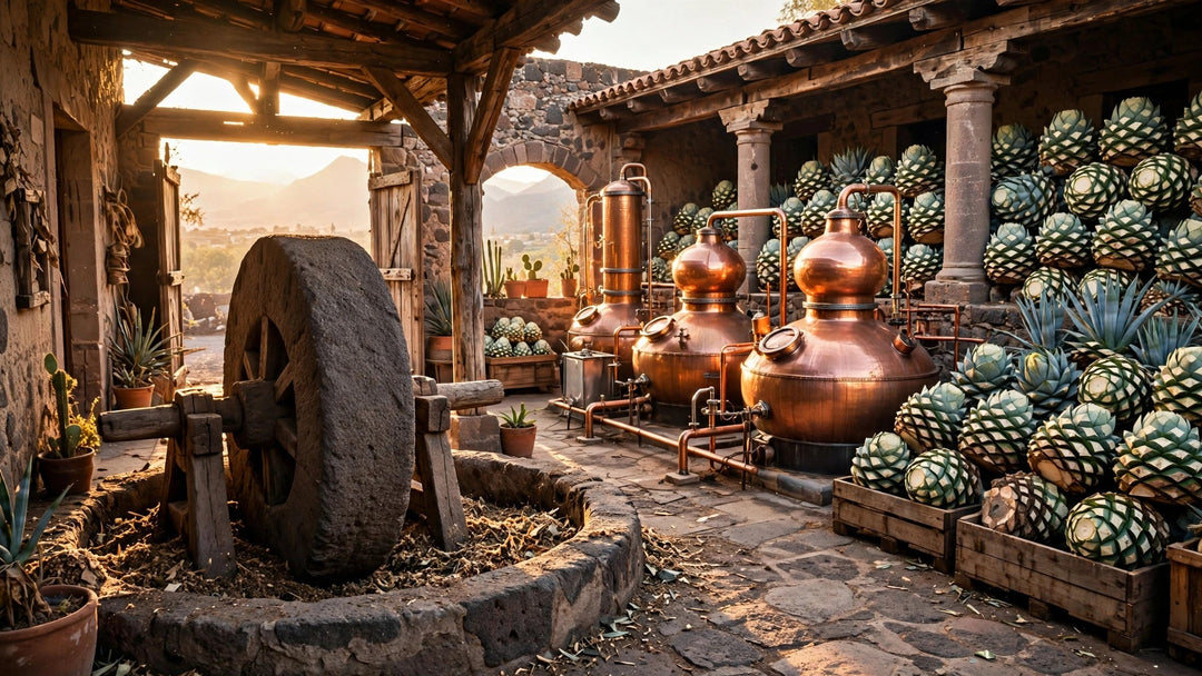 A traditional tequila distillery with a stone tahona wheel, copper stills and agave piñas