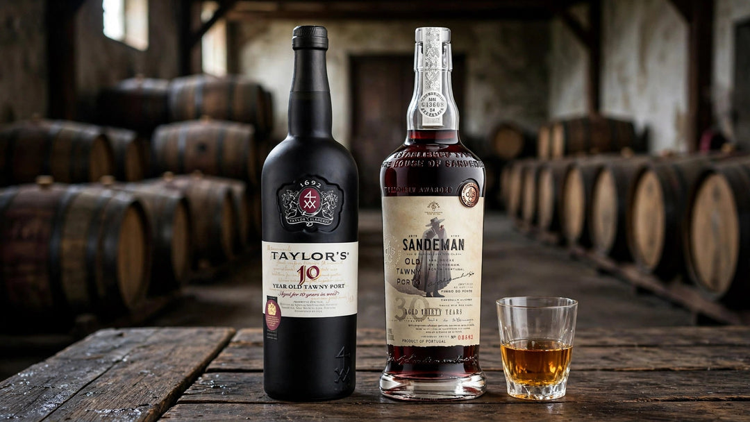 Taylor's 10 Year Old Tawny Port and Sandeman 30 Year Old Tawny Porto bottles with labels readable in a Vila Nova de Gaia port lodge at Del Mesa Liquor