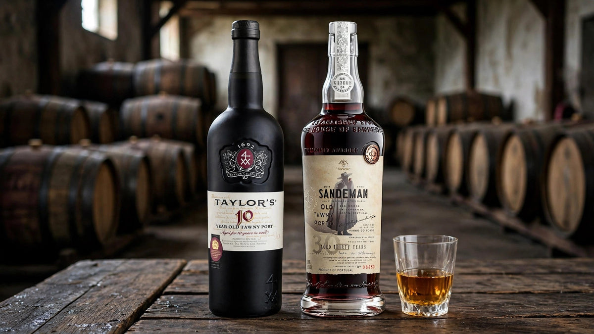 Taylor's 10 Year Old Tawny Port and Sandeman 30 Year Old Tawny Porto bottles with labels readable in a Vila Nova de Gaia port lodge at Del Mesa Liquor