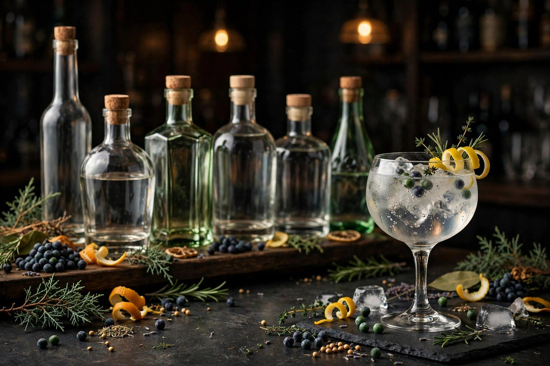 Craft gin bottles with juniper berries, citrus peel and botanicals on a bar shelf beside a gin and tonic