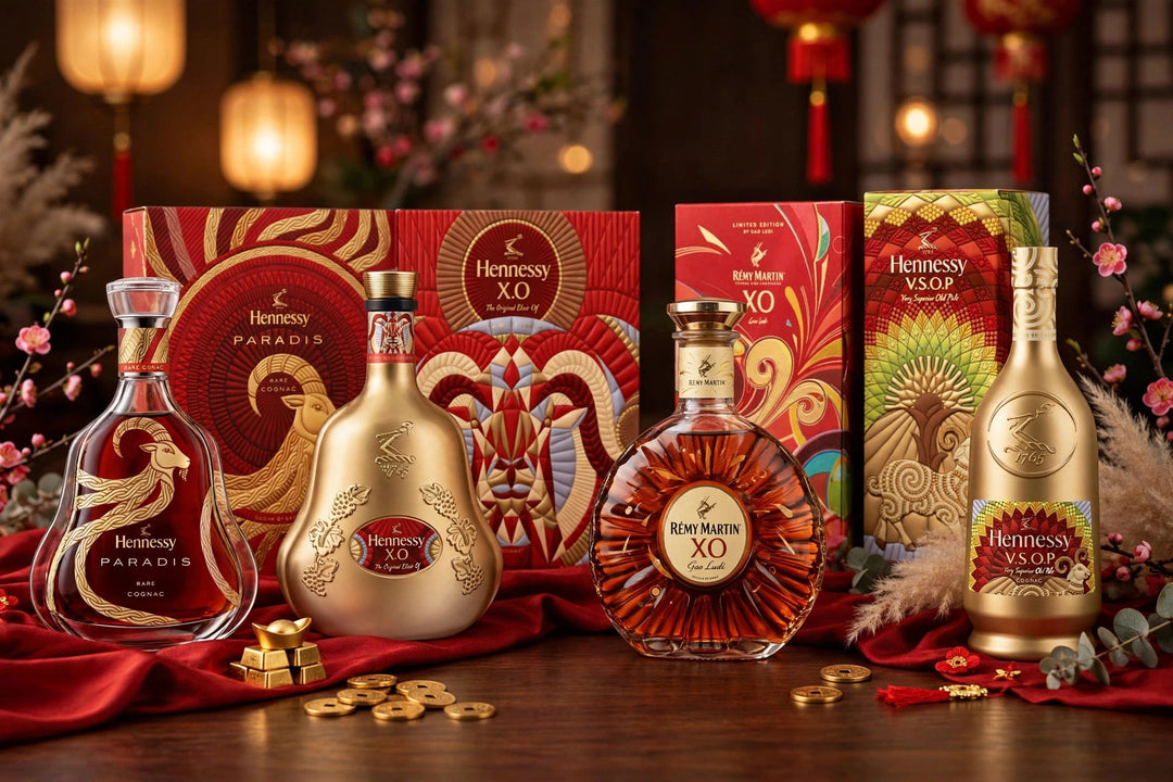 Hennessy Paradis, Hennessy XO, Remy Martin XO and Hennessy VSOP Year of the Goat 2027 Lunar New Year bottles with labels readable on red silk with gold coins at Del Mesa Liquor