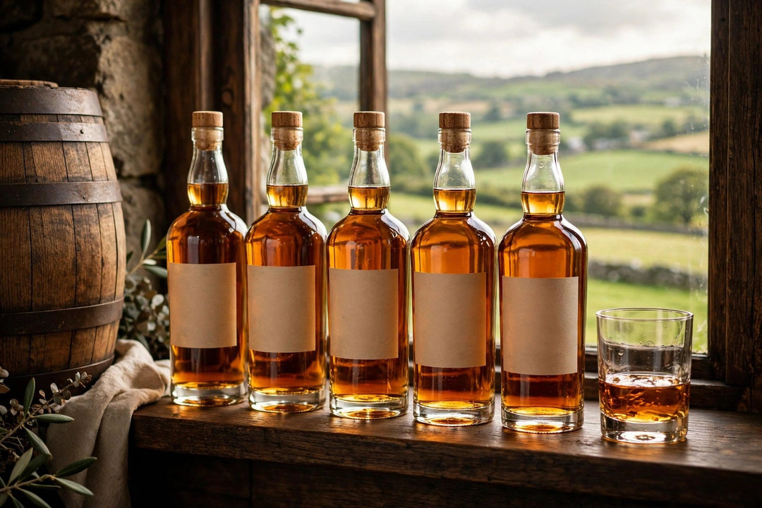 Irish whiskey bottles and a poured glass of amber whiskey on a dark oak shelf with an oak barrel behind