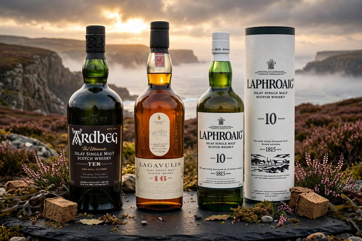 Ardbeg 10 Year Old, Lagavulin 16 Year Old and Laphroaig 10 Year Old Scotch whisky bottles with labels readable on an Islay coastline at Del Mesa Liquor