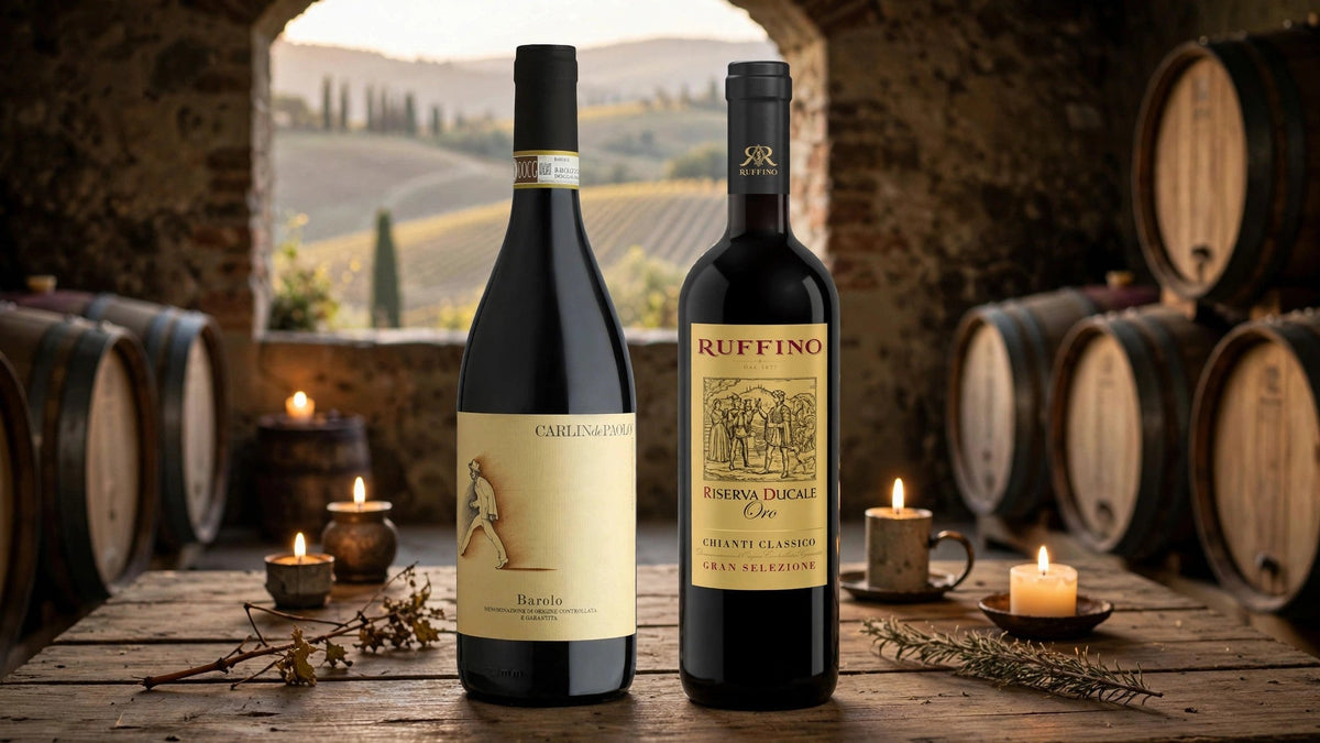 Carlin de Paolo Barolo and Ruffino Riserva Ducale Oro Chianti Classico Gran Selezione in a Tuscan wine cellar with barrels and vineyard hills at Del Mesa Liquor