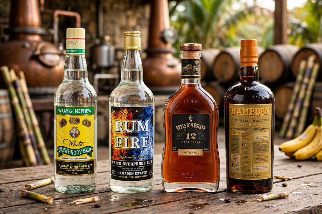 Wray & Nephew Overproof, Rum Fire, Appleton Estate 12 and Hampden Estate 8 Year Old Jamaican rum bottles with labels readable at a Jamaican distillery at Del Mesa Liquor