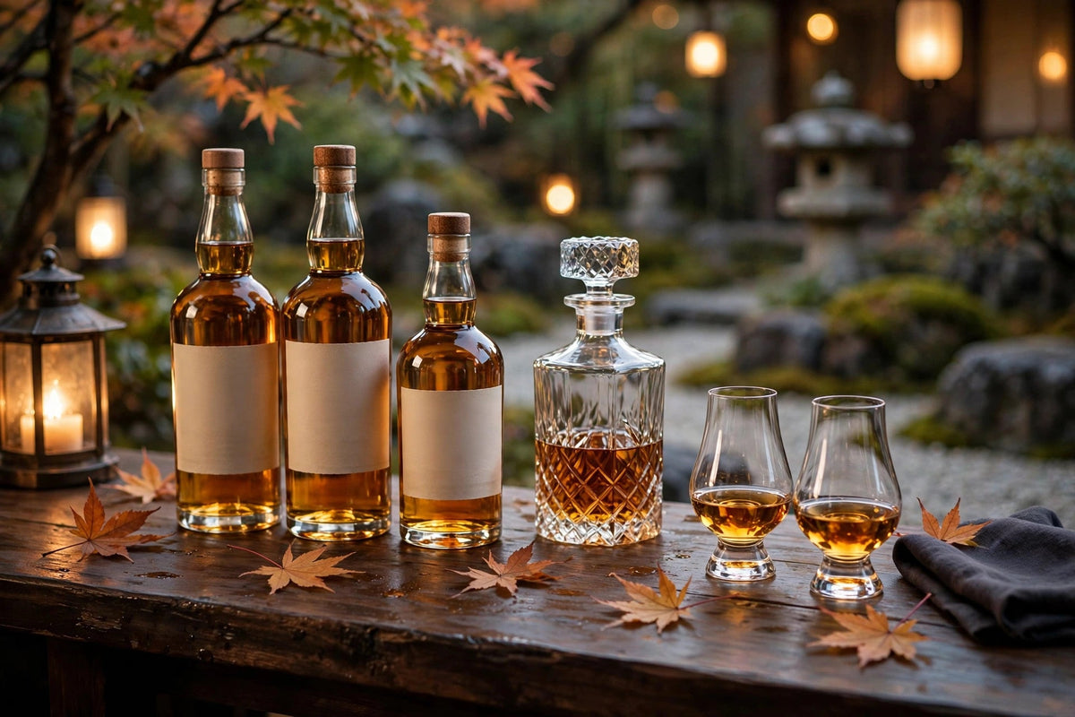 The Yamazaki 12 Year Old and Hibiki Japanese Harmony whisky bottles with labels readable on a Japanese whisky bar at Del Mesa Liquor