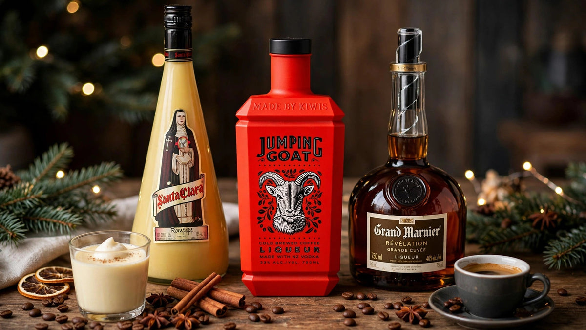 Santa Clara Rompope, Jumping Goat Coffee Liqueur and Grand Marnier Grande Cuvee Revelation on a holiday table with coffee beans, cinnamon and espresso at Del Mesa Liquor