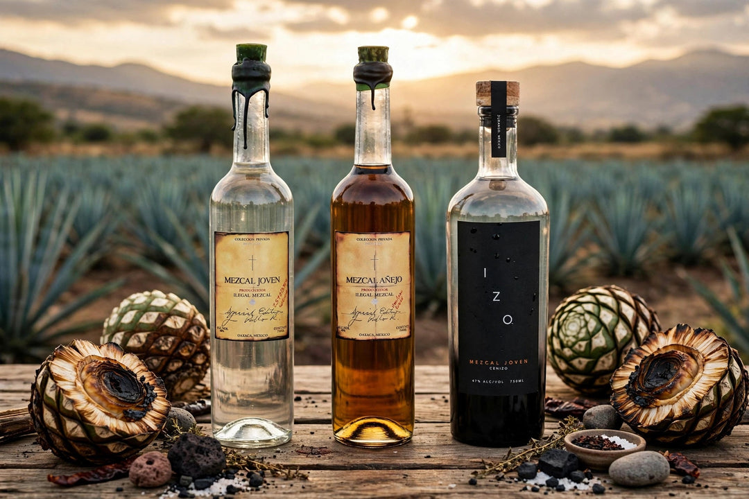 Ilegal Mezcal Joven, Ilegal Mezcal Anejo and Izo Mezcal Joven bottles with labels readable in an agave field with roasted pinas at Del Mesa Liquor