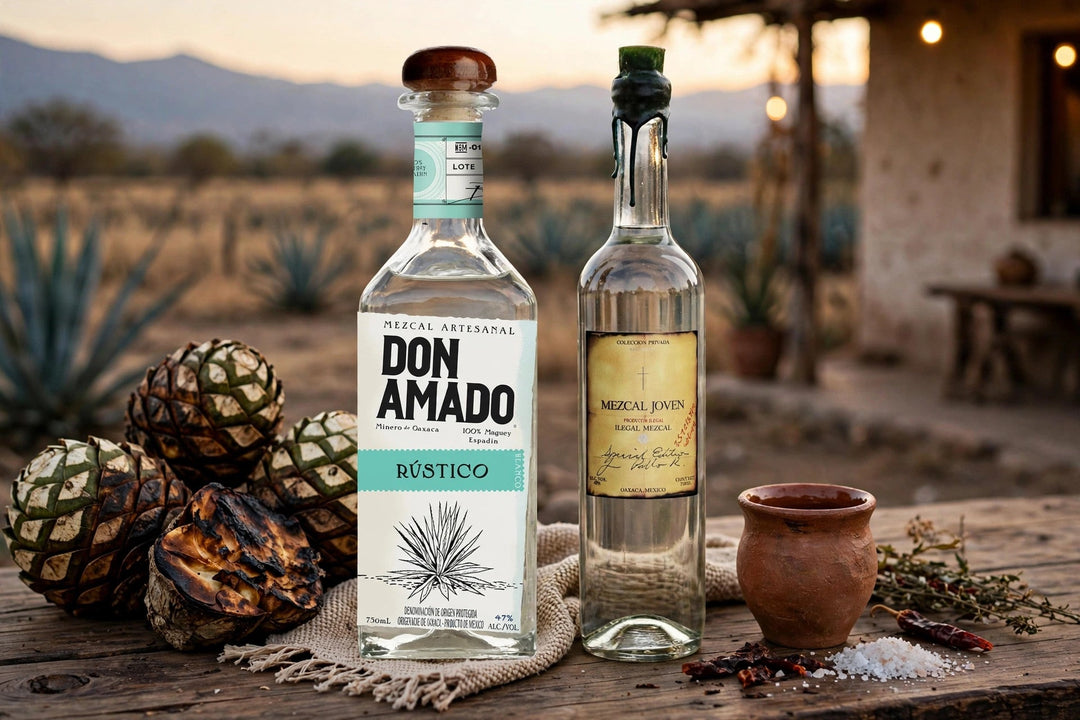 Don Amado Rustico and Ilegal Mezcal Joven bottles with roasted agave pinas and a clay copita in Oaxaca at Del Mesa Liquor