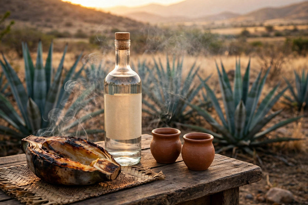 Mezcal bottle and clay copitas on a rustic table with roasted agave and blue agave plants at golden hour in Oaxaca