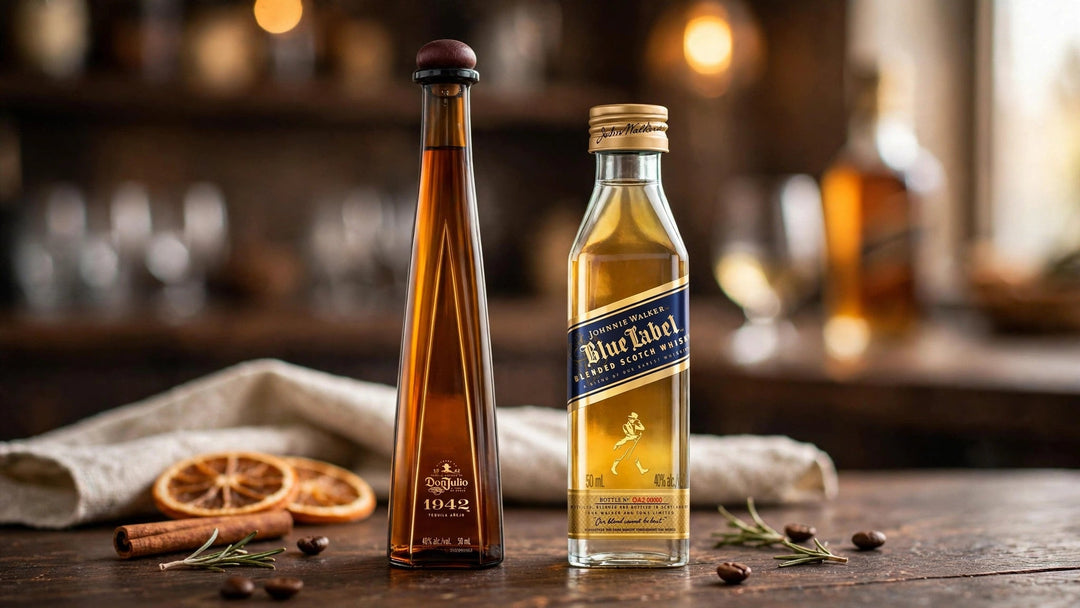 Don Julio 1942 and Johnnie Walker Blue Label 50mL miniature bottles with labels readable on a tasting table at Del Mesa Liquor