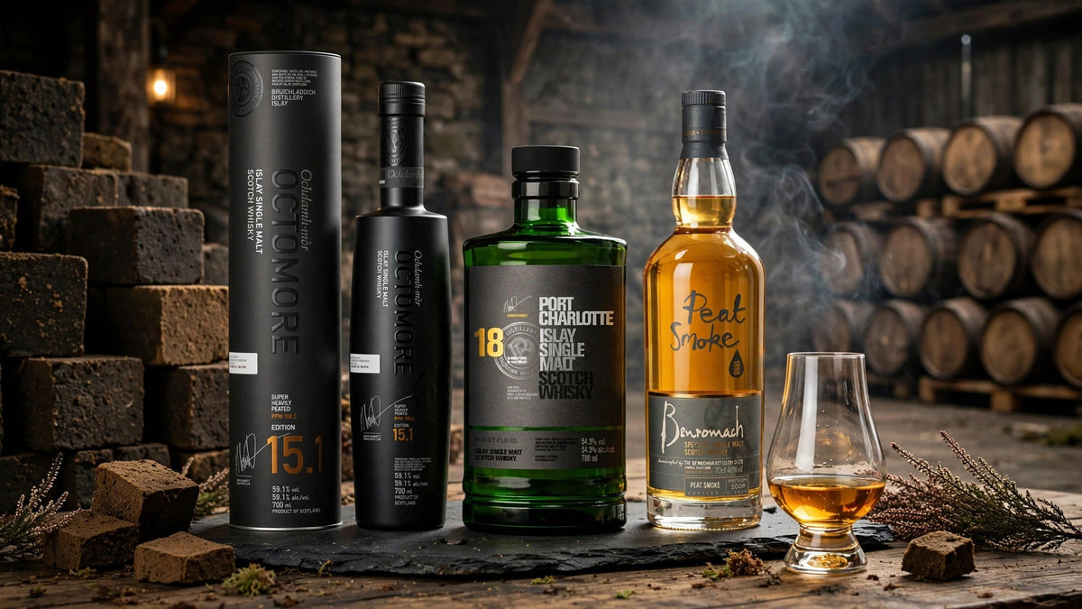 Bruichladdich Octomore 15.1, Port Charlotte 18 Year Old and Benromach Peat Smoke bottles with peat bricks and oak casks in an Islay distillery warehouse at Del Mesa Liquor