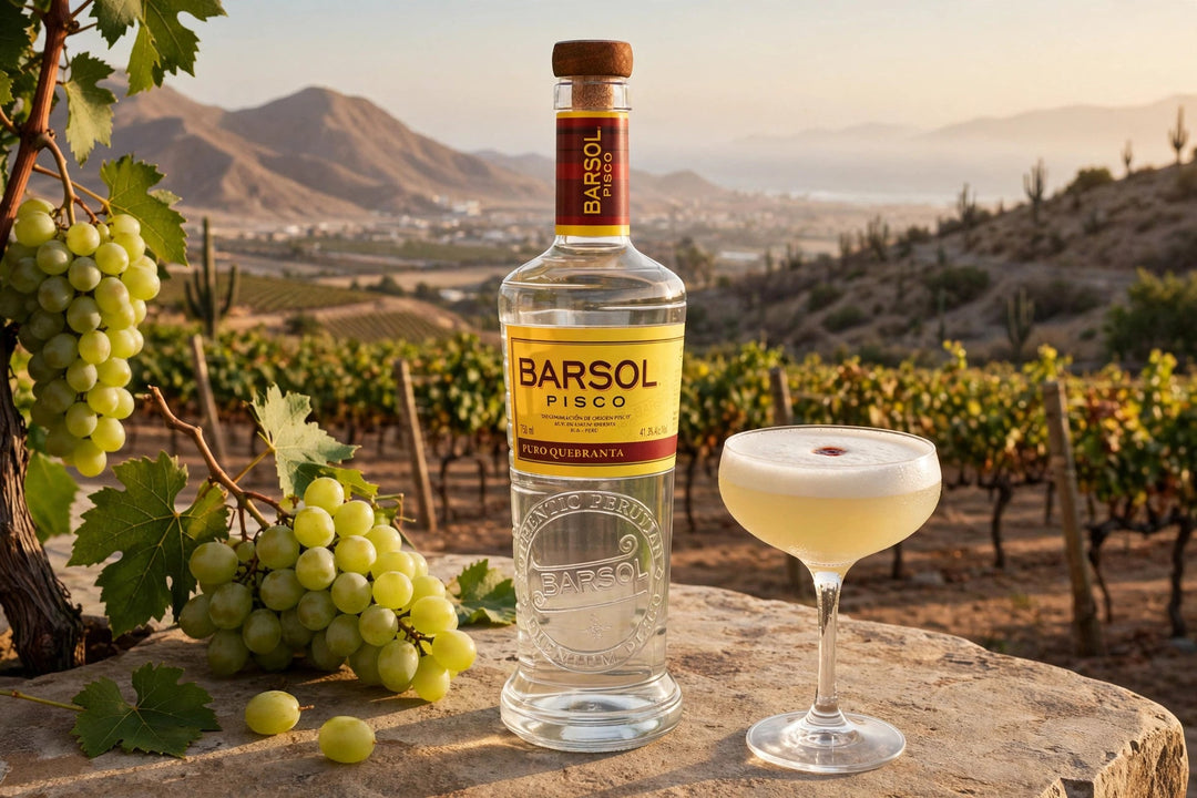 Barsol Pisco Puro Quebranta bottle with label readable beside a pisco sour and grape clusters in a Peruvian vineyard at Del Mesa Liquor
