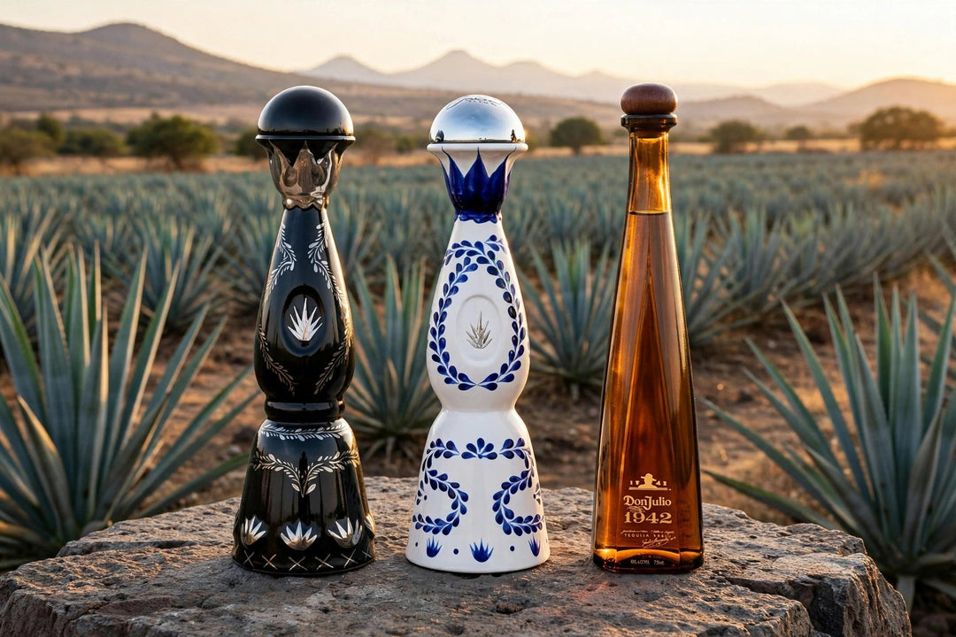 Clase Azul Ultra, Clase Azul Reposado and Don Julio 1942 premium tequila bottles with labels readable in a Jalisco agave field at Del Mesa Liquor