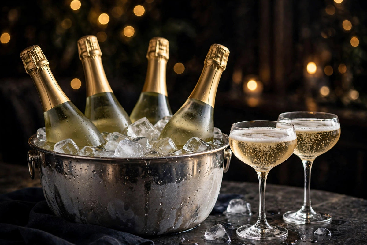 Champagne bottles chilling in a silver ice bucket with filled coupe glasses and golden lights