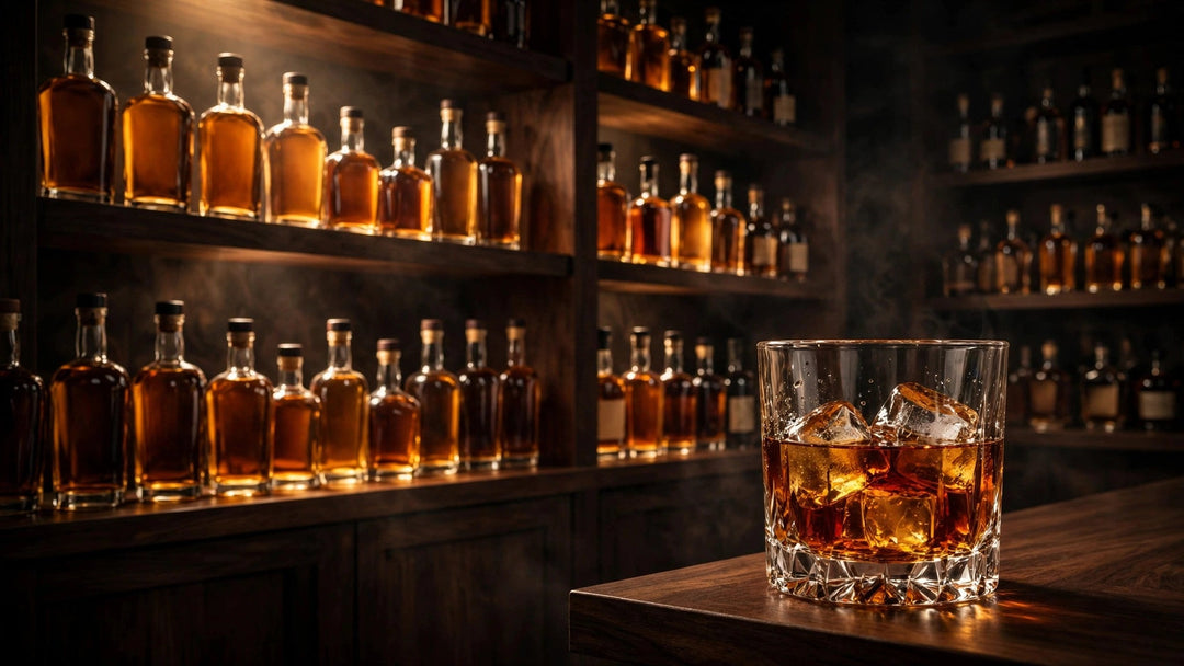 A top shelf of rare bourbon bottles and a poured glass at Del Mesa Liquor