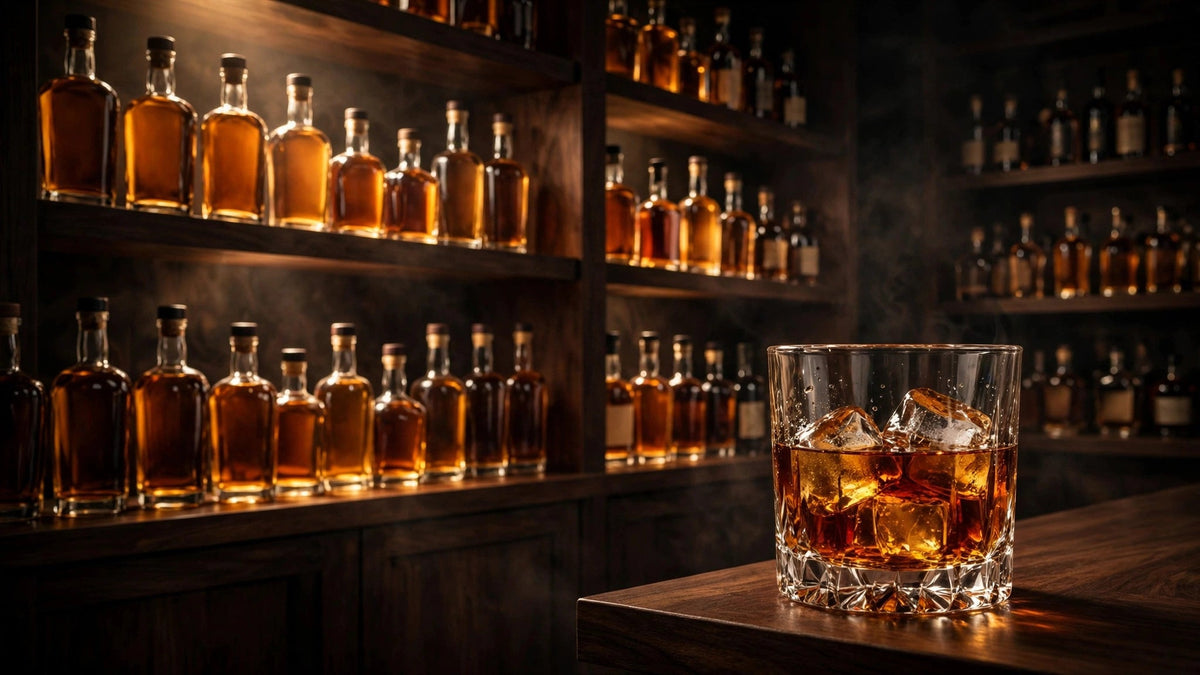 A top shelf of rare bourbon bottles and a poured glass at Del Mesa Liquor