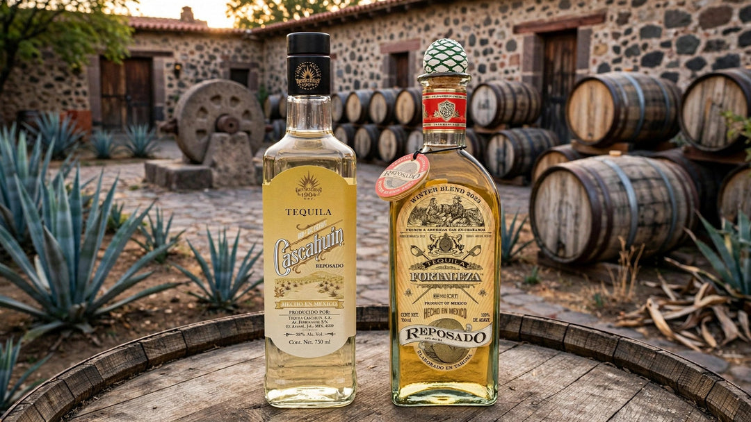 Cascahuin Reposado Tequila and Fortaleza Reposado Winter Blend 2023 at a Jalisco distillery with blue agave and a tahona wheel at Del Mesa Liquor