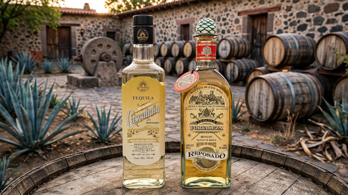 Cascahuin Reposado Tequila and Fortaleza Reposado Winter Blend 2023 at a Jalisco distillery with blue agave and a tahona wheel at Del Mesa Liquor