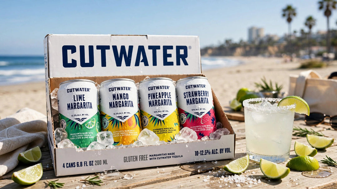 Cutwater Margarita Variety Pack cans with labels readable on ice at a San Diego beach at Del Mesa Liquor