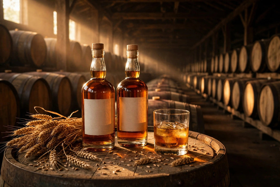 Rye whiskey bottles and a rocks glass on a barrel top in a Kentucky rickhouse with rye grain stalks