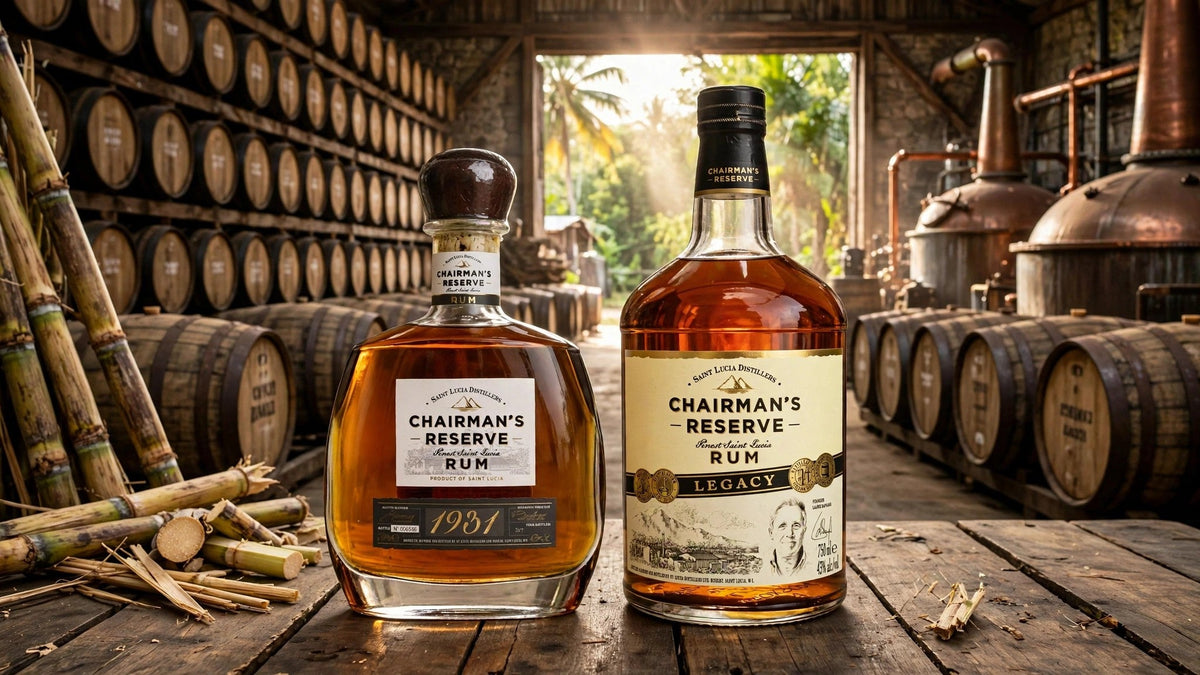 Chairman's Reserve 1931 and Chairman's Reserve Legacy Saint Lucia Rum bottles with labels readable in a Caribbean distillery with casks, copper stills and sugarcane at Del Mesa Liquor