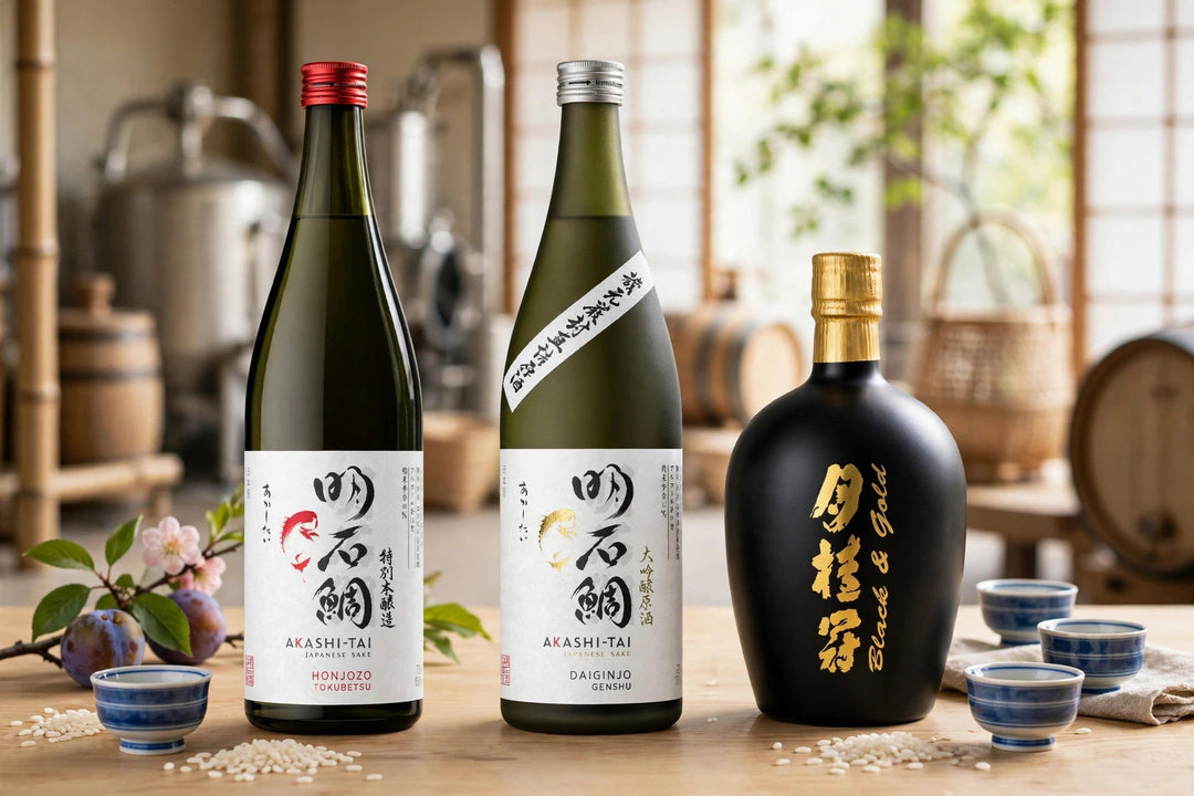 Akashi-Tai Honjozo Tokubetsu, Akashi-Tai Daiginjo Genshu and Gekkeikan Black and Gold sake bottles with labels readable in a Japanese brewery at Del Mesa Liquor