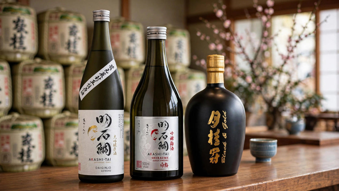 Akashi-Tai Daiginjo Genshu Sake, Akashi-Tai Shiraume Ginjo Umeshu and Gekkeikan Black and Gold Sake on a wooden counter in a Japanese sake brewery tasting room at Del Mesa Liquor