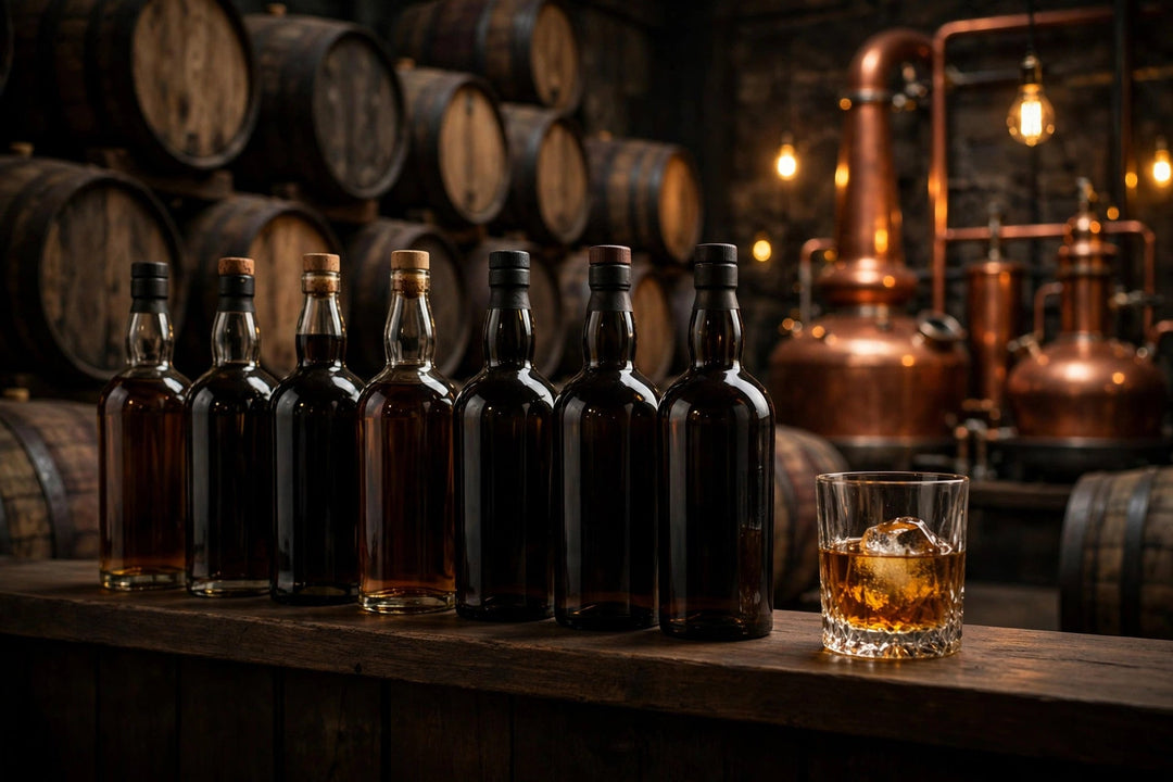A top shelf of aged single malt Scotch whisky bottles with a tumbler of amber whisky and oak barrels behind
