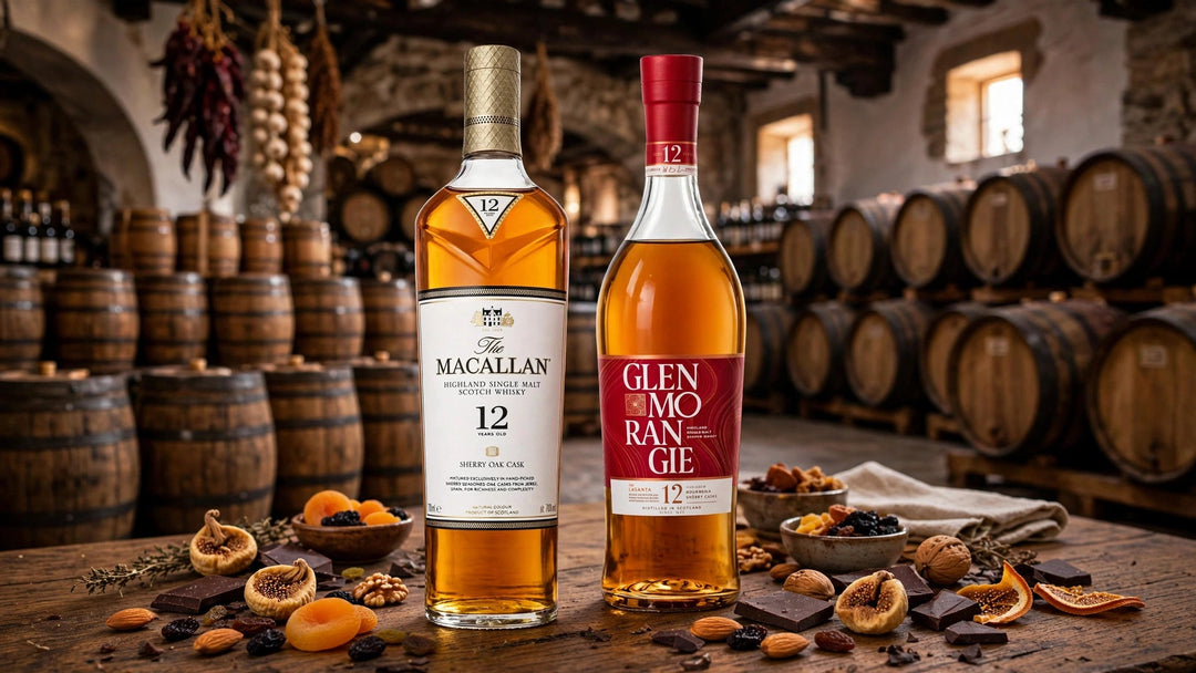 The Macallan Sherry Oak 12 Year Old and Glenmorangie Lasanta 12 Year Old bottles with sherry casks, dried fruit and dark chocolate in a Jerez bodega at Del Mesa Liquor